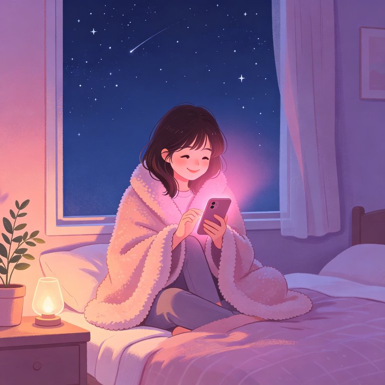 女孩深夜裹着毛毯与 miraimind 暖心聊天的温馨插画